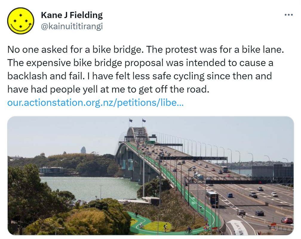 No one asked for a bike bridge. The protest was for a bike lane. The expensive bike bridge proposal was intended to cause a backlash and fail. I have felt less safe cycling since then and have had people yell at me to get off the road. Our.actionstation.org.nz.