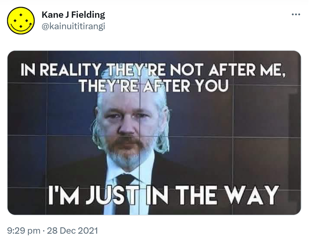 Meme of Julian Assange. In reality they’re not after me, they’re after you. I’m just in the way. 9:29 pm · 28 Dec 2021.