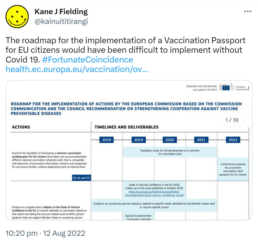 The roadmap for the implementation of a Vaccination Passport for EU citizens would have been difficult to implement without Covid 19. Hashtag Fortunate Coincidence. health.ec.europa.eu. 10:20 PM · Aug 12, 2022.