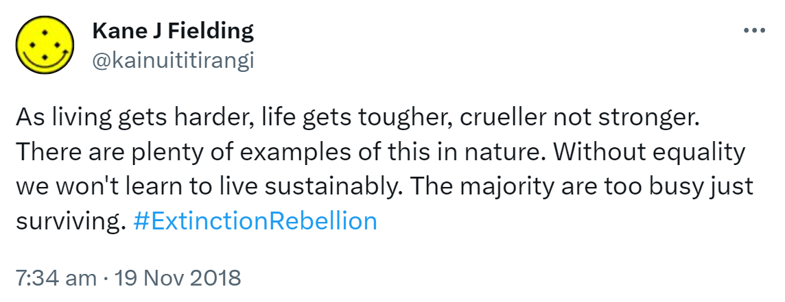As living gets harder, life gets tougher, crueller not stronger. There are plenty of examples of this in nature. Without equality we won't learn to live sustainably. The majority are too busy just surviving. Hashtag Extinction Rebellion. 7:34 am · 19 Nov 2018.