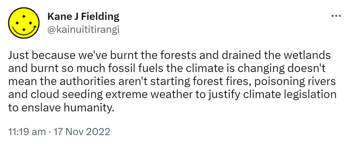 Just because we've burnt the forests and drained the wetlands and burnt so much fossil fuels the climate is changing doesn't mean the authorities aren't starting forest fires, poisoning rivers and cloud seeding extreme weather to justify climate legislation to enslave humanity. 11:19 am · 17 Nov 2022.