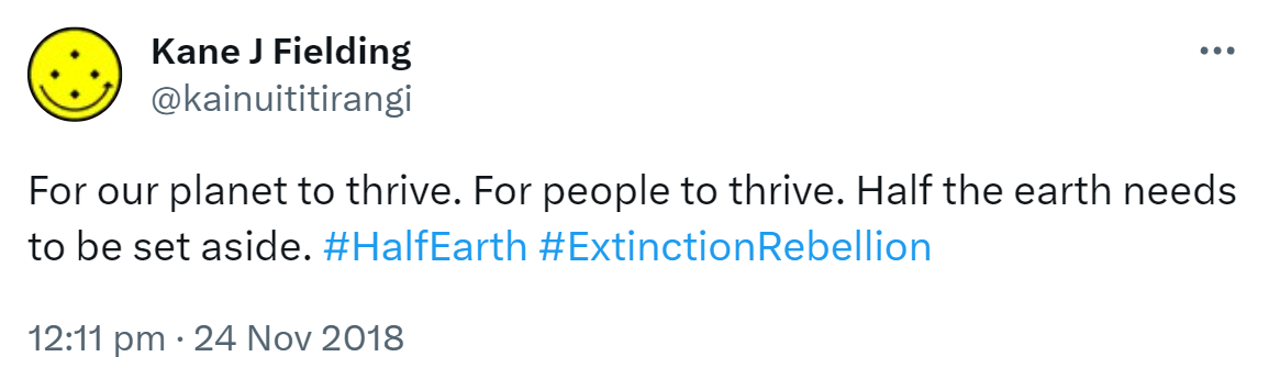 For our planet to thrive. For people to thrive. Half the earth needs to be set aside. Hashtag Half Earth. Hashtag Extinction Rebellion. 12:11 pm · 24 Nov 2018.