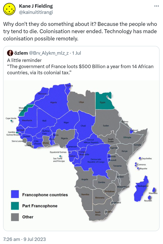 Why don't they do something about it? Because the people who try tend to die. Colonisation never ended. Technology has made colonisation possible remotely. Quote Tweet. Özlem @Brv_Alykm_mlz_z. A little reminder. The government of France loots $500 Billion a year from 14 African countries, via its colonial tax. 7:26 am · 9 Jul 2023.