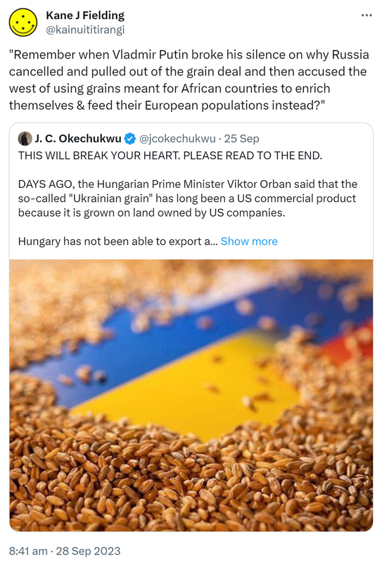 Remember when Vladmir Putin broke his silence on why Russia cancelled and pulled out of the grain deal and then accused the west of using grains meant for African countries to enrich themselves & feed their European populations instead? Quote. J. C. Okechukwu @jcokechukwu. THIS WILL BREAK YOUR HEART. PLEASE READ TO THE END. DAYS AGO, the Hungarian Prime Minister Viktor Orban said that the so-called Ukrainian grain has long been a US commercial product because it is grown on land owned by US companies. Hungary has not been able to export a single gram of the planned 10,000 tonnes of Ukrainian grain to Sudan with its own money since late 2022 because Kiev never authorised it, Hungarian Foreign Minister Peter Szijjarto said on Wednesday. 8:41 am · 28 Sep 2023.