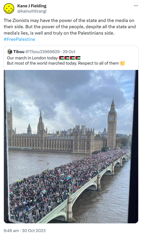 The Zionists may have the power of the state and the media on their side. But the power of the people, despite all the state and media's lies, is well and truly on the Palestinians side. Hashtag Free Palestine. Quote. Tibou @Tibou33969029. Our march in London today. But most of the world marched today. Respect to all of them. 9:46 am · 30 Oct 2023.