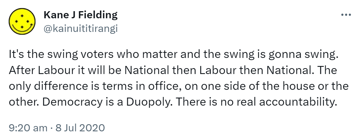 It's the swing voters who matter and the swing is gonna swing. After Labour it will be National then Labour then National. The only difference is terms in office, on one side of the house or the other. Democracy is a Duopoly. There is no real accountability. 9:20 am · 8 Jul 2020.