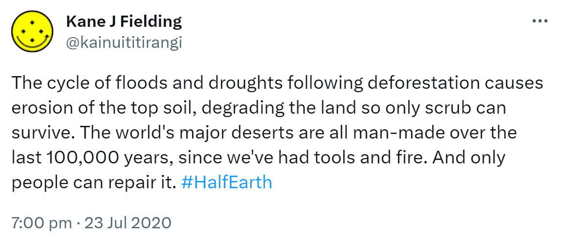 The cycle of floods and droughts following deforestation causes erosion of the topsoil, degrading the land so only scrub can survive. The world's major deserts are all man-made over the last 100,000 years, since we've had tools and fire. And only people can repair it. Hashtag Half Earth. 7:00 pm · 23 Jul 2020.