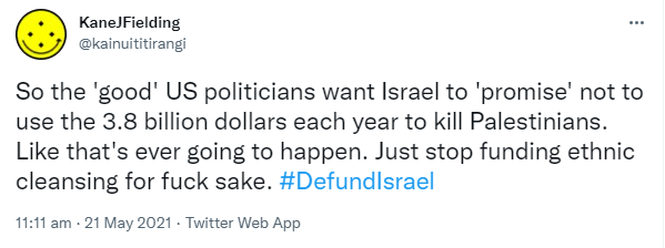 So the 'good' US politicians want Israel to 'promise' not to use the 3.8 billion dollars each year to kill Palestinians. Like that's ever going to happen. Just stop funding ethnic cleansing for fuck sake. Hashtag Defund Israel. 11:11 am · 21 May 2021.