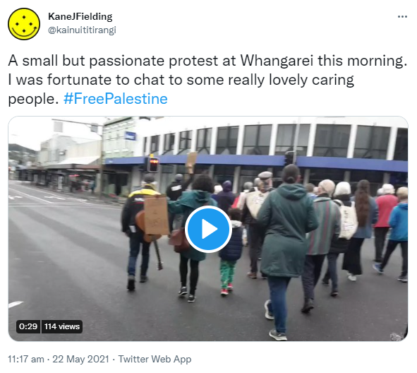 A small but passionate protest at Whangarei this morning. I was fortunate to chat to some really lovely caring people. Hashtag Free Palestine. 11:17 am · 22 May 2021.