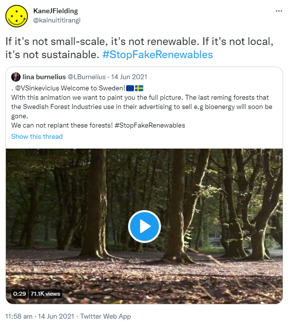 If it's not small-scale, it's not renewable. If it's not local, it's not sustainable. Hashtag Stop Fake Renewables. Quote Tweet. lina burnelius @LBurnelius @VSinkevicius. Welcome to Sweden! With this animation we want to paint you the full picture. The last reming forests that the Swedish Forest Industries use in their advertising to sell e.g bioenergy will soon be gone. We can not replant these forests! Hashtag Stop Fake Renewables. 11:58 am · 14 Jun 2021.