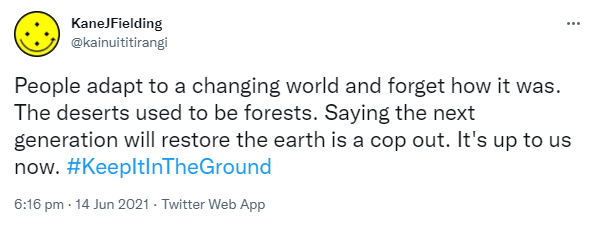 People adapt to a changing world and forget how it was. The deserts used to be forests. Saying the next generation will restore the earth is a cop out. It's up to us now. Hashtag Keep It In The Ground. 6:16 pm · 14 Jun 2021.