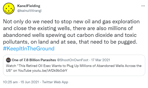 Not only do we need to stop new oil and gas exploration and close the existing wells, there are also millions of abandoned wells spewing out carbon dioxide and toxic pollutants, on land and at sea, that need to be plugged. Hashtag Keep It In The Ground. Quote Tweet. One of 7.8 Billion Parasites @ShootOnOwnFoot. Watch 'This Retired Oil Exec Wants to Plug Up Millions of Abandoned Wells Across the US' on YouTube. Youtube.com. 10:25 am · 15 Jun 2021.