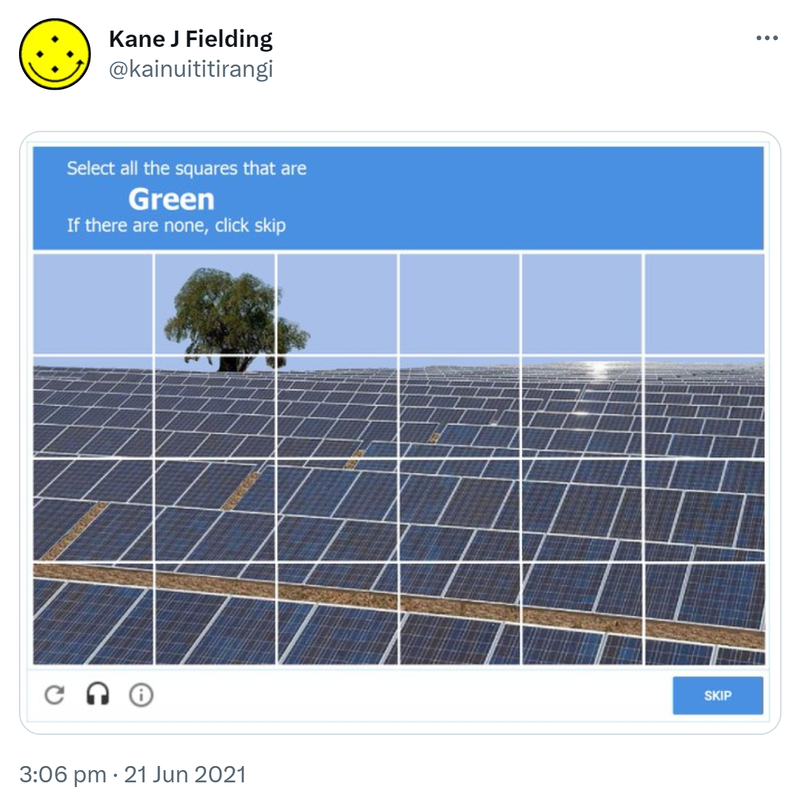 Meme. Select all the squares that are green. 3:06 pm · 21 Jun 2021.