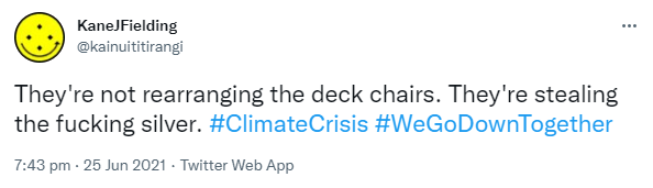 They're not rearranging the deck chairs. They're stealing the fucking silver. Hashtag Climate Crisis. Hashtag We Go Down Together. 7:43 pm · 25 Jun 2021.