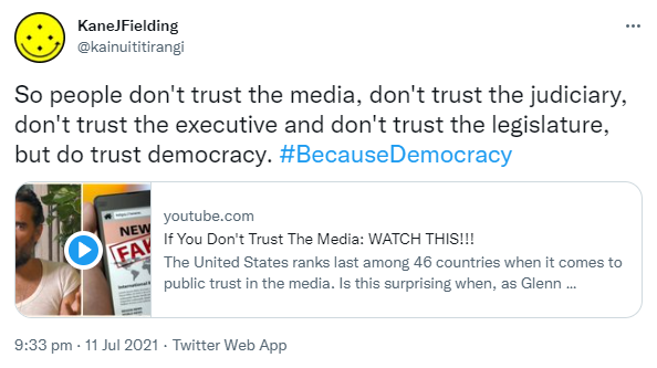 So people don't trust the media, don't trust the judiciary, don't trust the executive and don't trust the legislature, but do trust democracy. Hashtag Because Democracy. youtube.com. If You Don't Trust The Media: WATCH THIS!!! The United States ranks last among 46 countries when it comes to public trust in the media. Is this surprising when, as Glenn Greenwald revealed, a court rec... 9:33 pm · 11 Jul 2021.