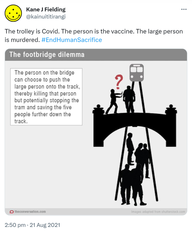 The trolley is Covid. The person is the vaccine. The large person is murdered. Hashtag End Human Sacrifice. 2:50 pm · 21 Aug 2021.