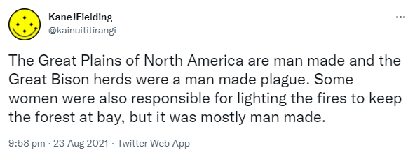 The Great Plains of North America are man made and the Great Bison herds were a man made plague. Some women were also responsible for lighting the fires to keep the forest at bay, but it was mostly man made. 9:18 pm · 23 Aug 2021.