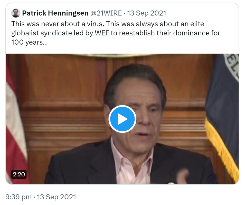 Quote Tweet. Patrick Henningsen @21WIRE. This was never about a virus. This was always about an elite syndicate led by WEF to reestablish their dominance for 100 years. 9:39 pm · 13 Sep 2021.
