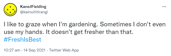 I like to graze when I'm gardening. Sometimes I don't even use my hands. It doesn't get fresher than that. Hashtag Fresh Is Best. 10:27 am · 14 Sep 2021.