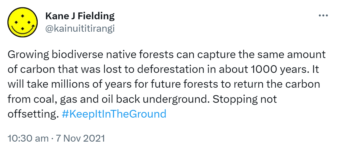 Growing biodiverse native forests can capture the same amount of carbon that was lost to deforestation in about 1000 years. It will take millions of years for future forests to return the carbon from coal, gas and oil back underground. Stopping not offsetting. Hashtag Keep It In The Ground. 10:30 am · 7 Nov 2021.