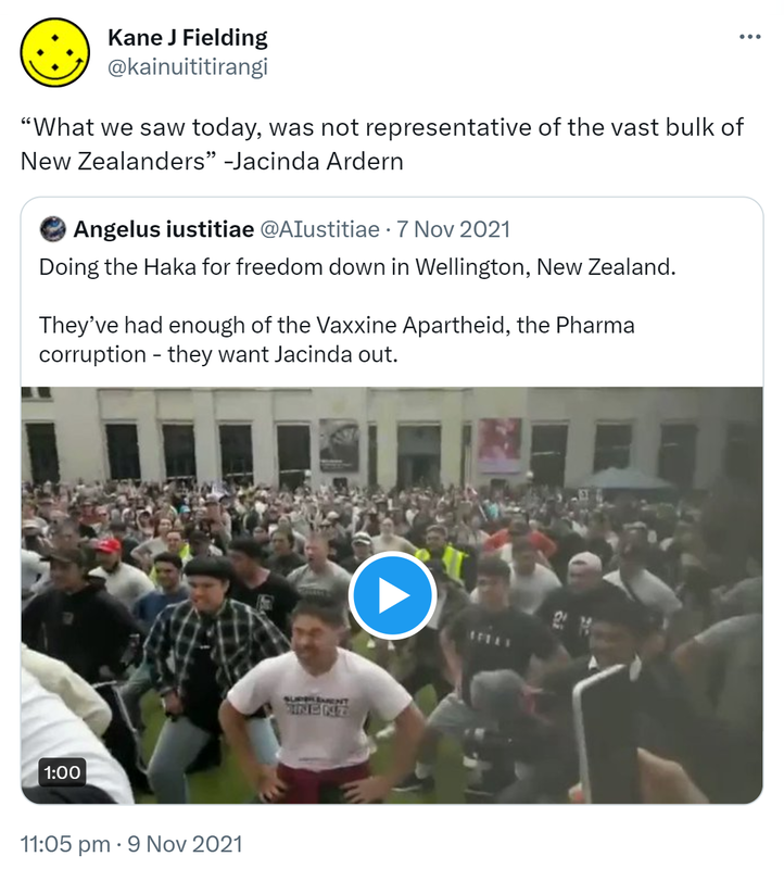 What we saw today was not representative of the vast bulk of New Zealanders - Jacinda Ardern. Quote Tweet. Angelus iustitiae @AIustitiae. Doing the Haka for freedom down in Wellington, New Zealand. They’ve had enough of the Vaxxine Apartheid, the Pharma corruption - they want Jacinda out. 11:05 pm · 9 Nov 2021.