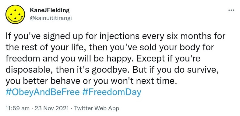 If you've signed up for injections every six months for the rest of your life, then you've sold your body for freedom and you will be happy. Except if you're disposable, then it's goodbye. But if you do survive, you better behave or you won't next time. Hashtag Obey And Be Free. Hashtag Freedom Day. 11:59 am · 23 Nov 2021.