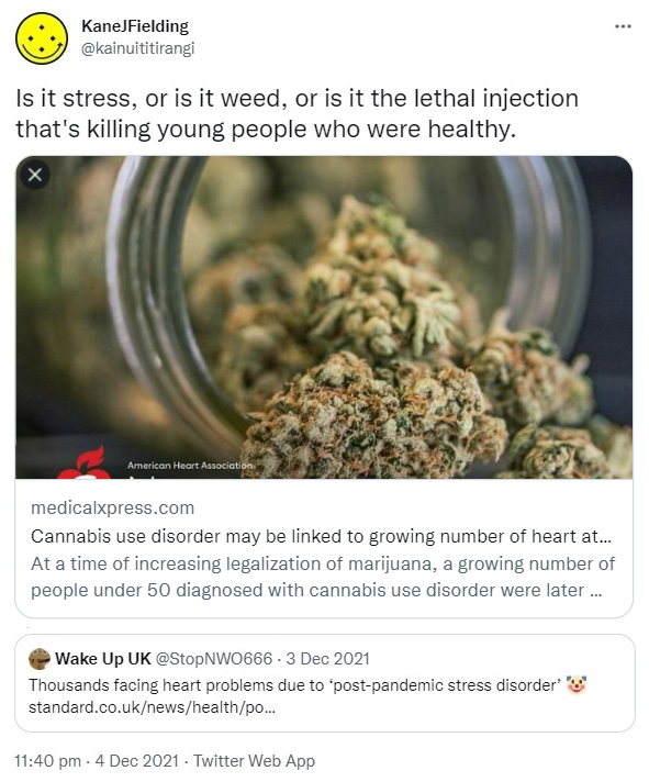 Is it stress, or is it weed, or is it the lethal injection that's killing young people who were healthy. Medicalxpress.com. Quote Tweet. Wake Up UK @StopNWO666. Thousands facing heart problems due to ‘post-pandemic stress disorder’. Standard.co.uk. 11:40 pm · 4 Dec 2021.