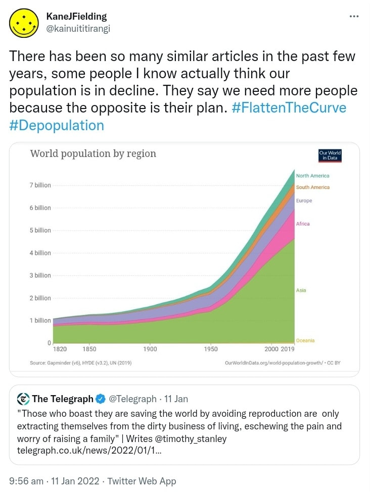 There has been so many similar articles in the past few years, some people I know actually think our population is in decline. They say we need more people because the opposite is their plan. Hashtag Flatten The Curve. Hashtag Depopulation. Quote Tweet. The Telegraph @Telegraph. Those who boast they are saving the world by avoiding reproduction are only extracting themselves from the dirty business of living, eschewing the pain and worry of raising a family. Writes @timothy_stanley. telegraph.co.uk. 9:56 am · 11 Jan 2022.