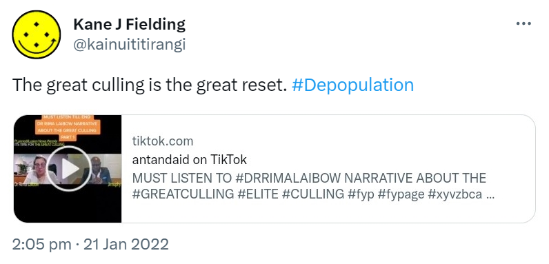 The great culling is the great reset. Hashtag Depopulation. tiktok.com. antandaid on TikTok MUST LISTEN TO Hashtag Doctor RIMA LAIBOW NARRATIVE ABOUT THE Hashtag GREAT CULLING. Hashtag ELITE. Hashtag CULLING. Hashtag fyp. Hashtag fypage. Hashtag xyvzbca. Hashtag informed. Hashtag rulers. PART 1. 2:05 pm · 21 Jan 2022.