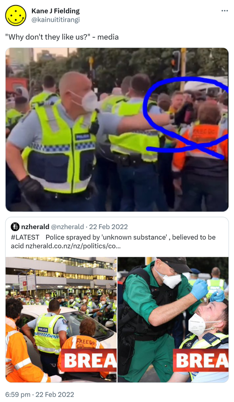 Why don't they like us?. Media. Quote Tweet. Nzherald @nzherald. Hashtag LATEST Police sprayed by 'unknown substance' believed to be acid. Nzherald.co.nz. 6:59 pm · 22 Feb 2022.