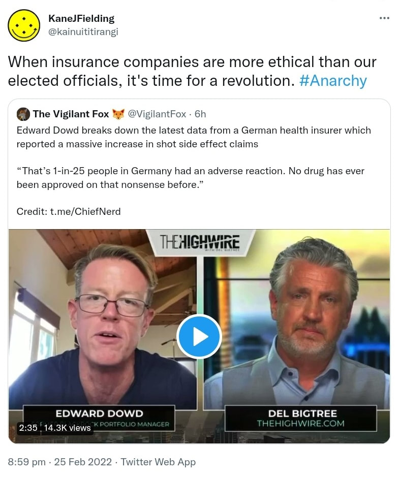 When insurance companies are more ethical than our elected officials, it's time for a revolution. Hashtag Anarchy. Quote Tweet The Vigilant Fox @VigilantFox. Edward Dowd breaks down the latest data from a German health insurer which reported a massive increase in shot side effect claims. That’s 1-in-25 people in Germany had an adverse reaction. No drug has ever been approved on that nonsense before. Credit. T.me. 8:59 pm · 25 Feb 2022.
