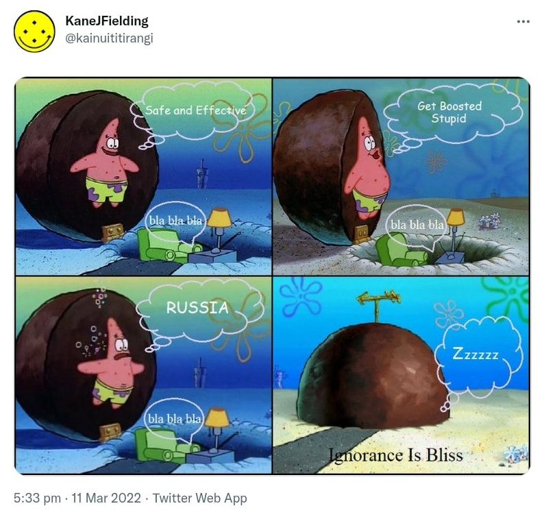 Meme of Patrick Star. Safe and effective. Get boosted stupid. Russia. Zzzzzz. Ignorance is bliss. 5:33 pm · 11 Mar 2022.