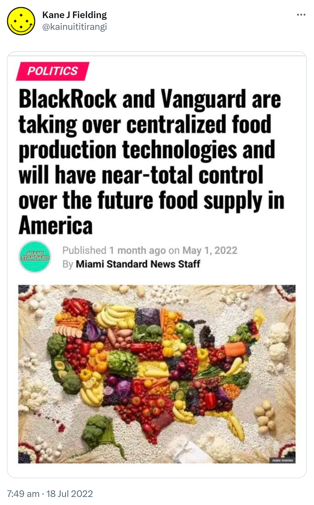 Meme. BlackRock and Vanguard are taking over centralized food production technologies and will have near-total control over the future food supply in America. Miami Standard News Staff.  7:49 am · 18 Jul 2022.