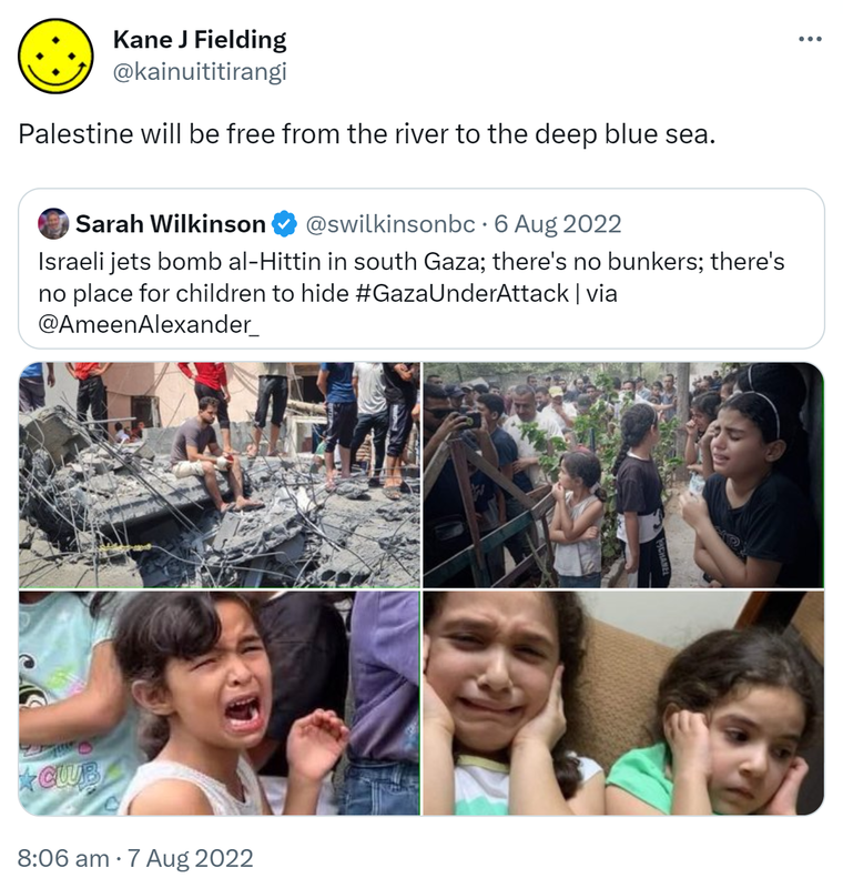 Palestine will be free from the river to the deep blue sea. Quote Tweet. Sarah Wilkinson @swilkinsonbc. Israeli jets bomb al-Hittin in south Gaza; there's no bunkers; there's no place for children to hide Hashtag Gaza Under Attack via @AmeenAlexander_. 8:06 am · 7 Aug 2022.