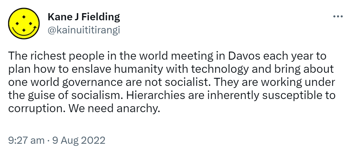 The richest people in the world meeting in Davos each year to plan how to enslave humanity with technology and bring about one world governance are not socialist. They are working under the guise of socialism. Hierarchies are inherently susceptible to corruption. We need anarchy. 9:27 am · 9 Aug 2022.