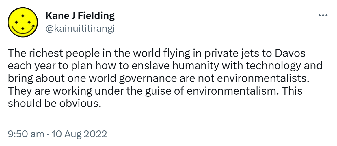 The richest people in the world flying in private jets to Davos each year to plan how to enslave humanity with technology and bring about one world governance are not environmentalists. They are working under the guise of environmentalism. This should be obvious. 9:50 am · 10 Aug 2022.