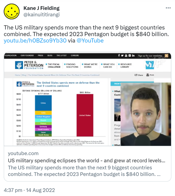 The US military spends more than the next 9 biggest countries combined. The expected 2023 Pentagon budget is 840 billion dollars. via @YouTube youtube.com. US military spending eclipses the world and grew at record levels. 4:37 pm · 14 Aug 2022.