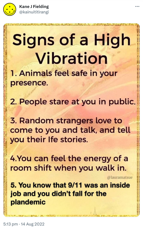Signs of a high vibration. 1. Animals feel safe in your presence. 2. People stare at you in public. 3. Random strangers love to come to you and talk, and tell you their life stories. 4. You can feel the energy of a room shift when you walk in. 5. You know that 9 11 was an inside job and you didn’t fall for the pandemic. 5:13 pm · 14 Aug 2022.