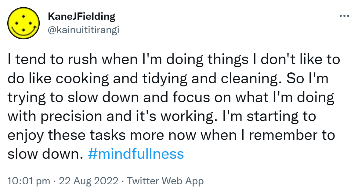 I tend to rush when I'm doing things I don't like to do like cooking and tidying and cleaning. So I'm trying to slow down and focus on what I'm doing with precision and it's working. I'm starting to enjoy these tasks more now when I remember to slow down. Hashtag mindfulness. 10:01 pm · 22 Aug 2022. 