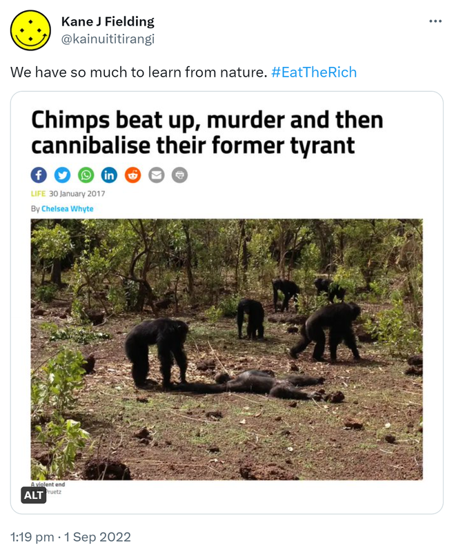 We have so much to learn from nature. Hashtag Eat The Rich. New Scientist. Chips beat up, murder and then cannibalise their former tyrant. 1:19 pm · 1 Sep 2022.
