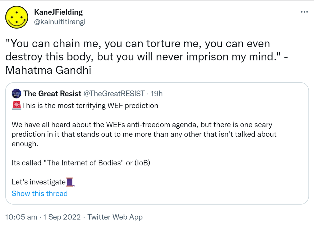 You can chain me, you can torture me, you can even destroy this body, but you will never imprison my mind. - Mahatma Gandhi. Quote Tweet. The Great Resist @TheGreatRESlST. This is the most terrifying WEF prediction. We have all heard about the WEFs anti-freedom agenda, but there is one scary prediction in it that stands out to me more than any other that isn't talked about enough. It's called The Internet of Bodies or (IoB). Let's investigate. 10:05 am · 1 Sep 2022.