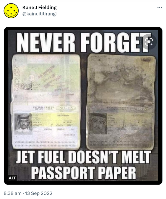 Never forget jet fuel doesn't melt passport paper. 8:38 am · 13 Sep 2022.