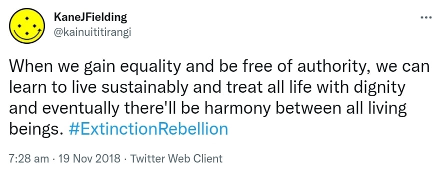 When we gain equality and be free of authority, we can learn to live sustainably and treat all life with dignity and eventually there'll be harmony between all living beings. Hashtag Extinction Rebellion. 7:28 am · 19 Nov 2018.
