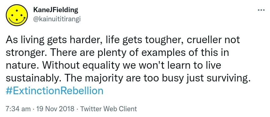 As living gets harder, life gets tougher, crueller not stronger. There are plenty of examples of this in nature. Without equality we won't learn to live sustainably. The majority are too busy just surviving. Hashtag Extinction Rebellion. 7:34 am · 19 Nov 2018.