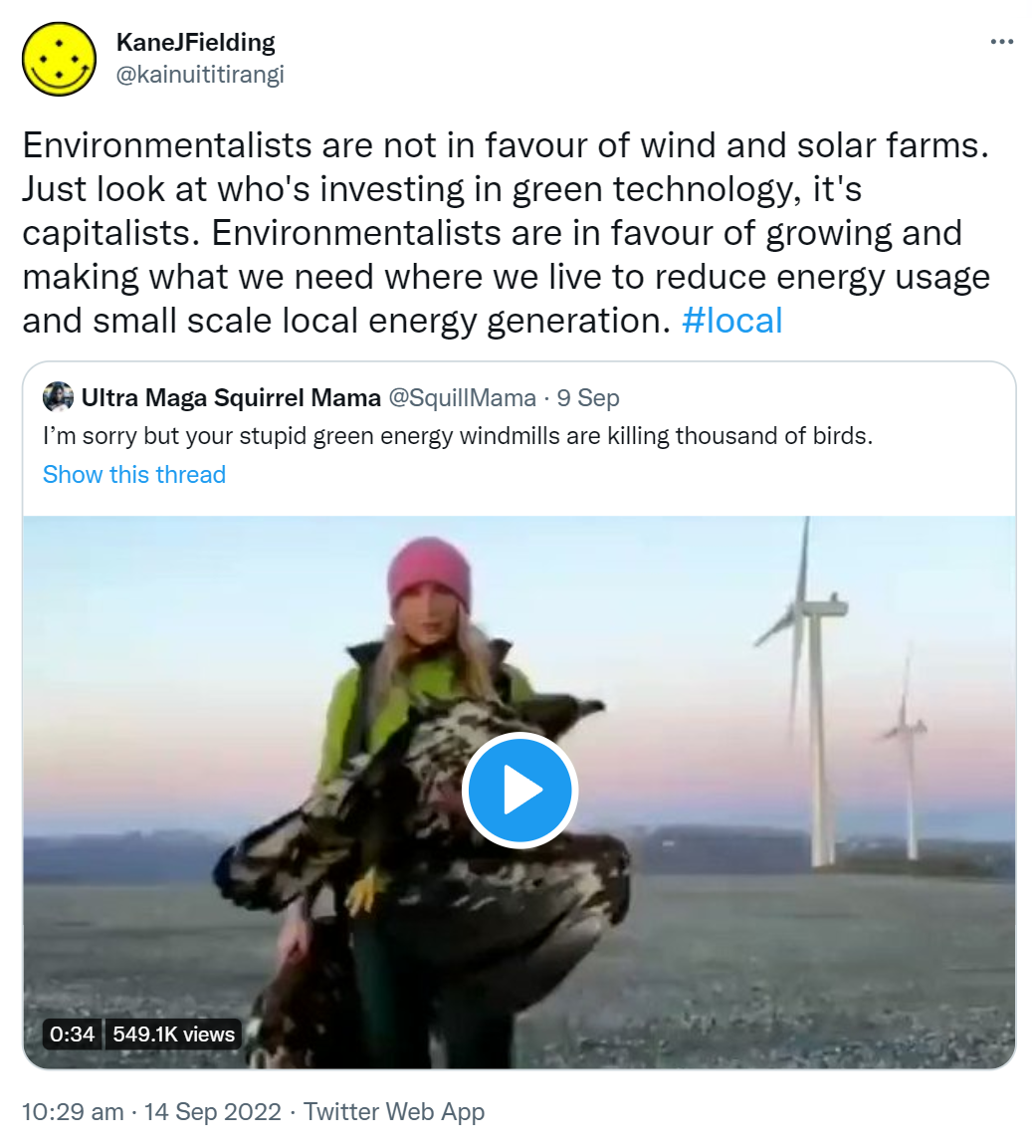 Environmentalists are not in favour of wind and solar farms. Just look at who's investing in green technology, it's capitalists. Environmentalists are in favour of growing and making what we need where we live to reduce energy usage and small scale local energy generation. Hashtag local. Quote Tweet. Ultra Maga Squirrel Mama @SquillMama. I’m sorry but your stupid green energy windmills are killing thousand of birds. 10:29 am · 14 Sep 2022.