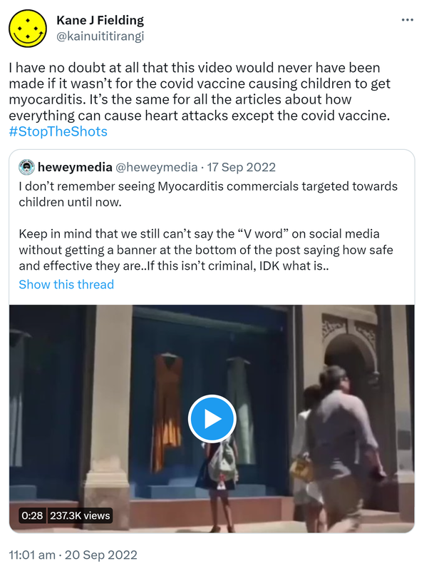 I have no doubt at all that this video would never have been made if it wasn’t for the covid vaccine causing children to get myocarditis. It’s the same for all the articles about how everything can cause heart attacks except the covid vaccine. Hashtag Stop The Shots. Quote Tweet. Heweymedia @heweymedia. I don’t remember seeing Myocarditis commercials targeted towards children until now. Keep in mind that we still can’t say the V word on social media without getting a banner at the bottom of the post saying how safe and effective they are..If this isn’t criminal, IDK what is. 11:01 am · 20 Sep 2022.