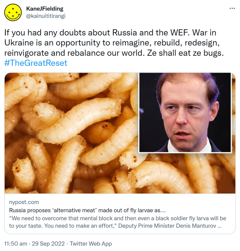 If you had any doubts about Russia and the WEF. War in Ukraine is an opportunity to reimagine, rebuild, redesign, reinvigorate and rebalance our world. Ze shall eat ze bugs. Hashtag The Great Reset. Nypost.com. Russia proposes ‘alternative meat’ made out of fly larvae. We need to overcome that mental block and then even a black soldier fly larva will be to your taste. You need to make an effort, Deputy Prime Minister Denis Manturov said. 11:50 am · 29 Sep 2022.