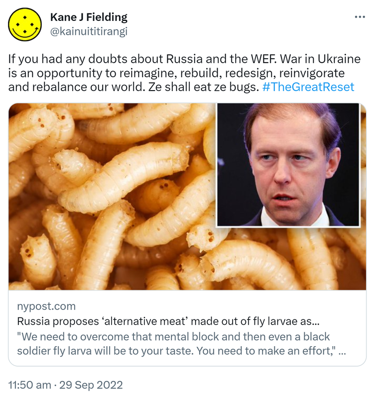 If you had any doubts about Russia and the WEF. War in Ukraine is an opportunity to reimagine, rebuild, redesign, reinvigorate and rebalance our world. Ze shall eat ze bugs. Hashtag The Great Reset. Nypost.com. Russia proposes ‘alternative meat’ made out of fly larvae. We need to overcome that mental block and then even a black soldier fly larva will be to your taste. You need to make an effort, Deputy Prime Minister Denis Manturov said. 11:50 am · 29 Sep 2022.