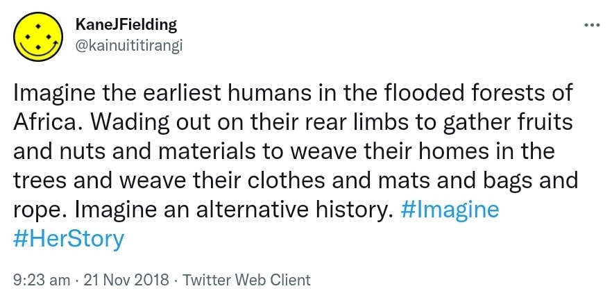 Imagine the earliest humans in the flooded forests of Africa. Wading out on their rear limbs to gather fruits and nuts and materials to weave their homes in the trees and weave their clothes and mats and bags and rope. Imagine an alternative history. Hashtag Imagine. Hashtag Her Story. 9:23 am · 21 Nov 2018.