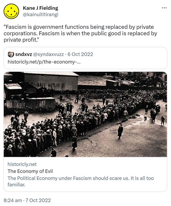 Fascism is government functions being replaced by private corporations. Fascism is when the public good is replaced by private profit. Quote Tweet. Sndxvz @syndaxvuzz. Historicly.net. The Economy of Evil. The Political Economy under Fascism should scare us. It is all too familiar. 8:24 am · 7 Oct 2022.